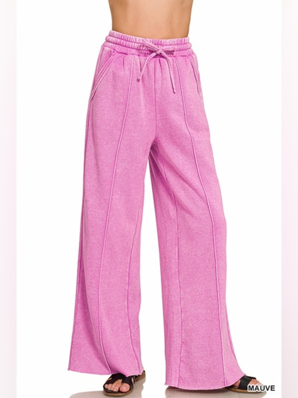 Zenana Mauve Wide-Leg Pintuck Acid Wash Fleece Sweatpants with Drawstring Waist